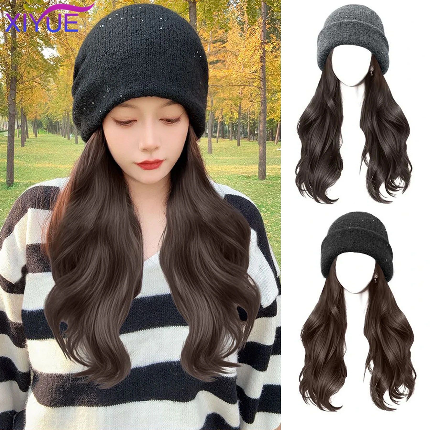 XIYUE Unicorn Hat wigs Cap with Hair Brown Body Wavy Wig Connect Synthetic Hair Women Daily Party High  perruque chapeau femme