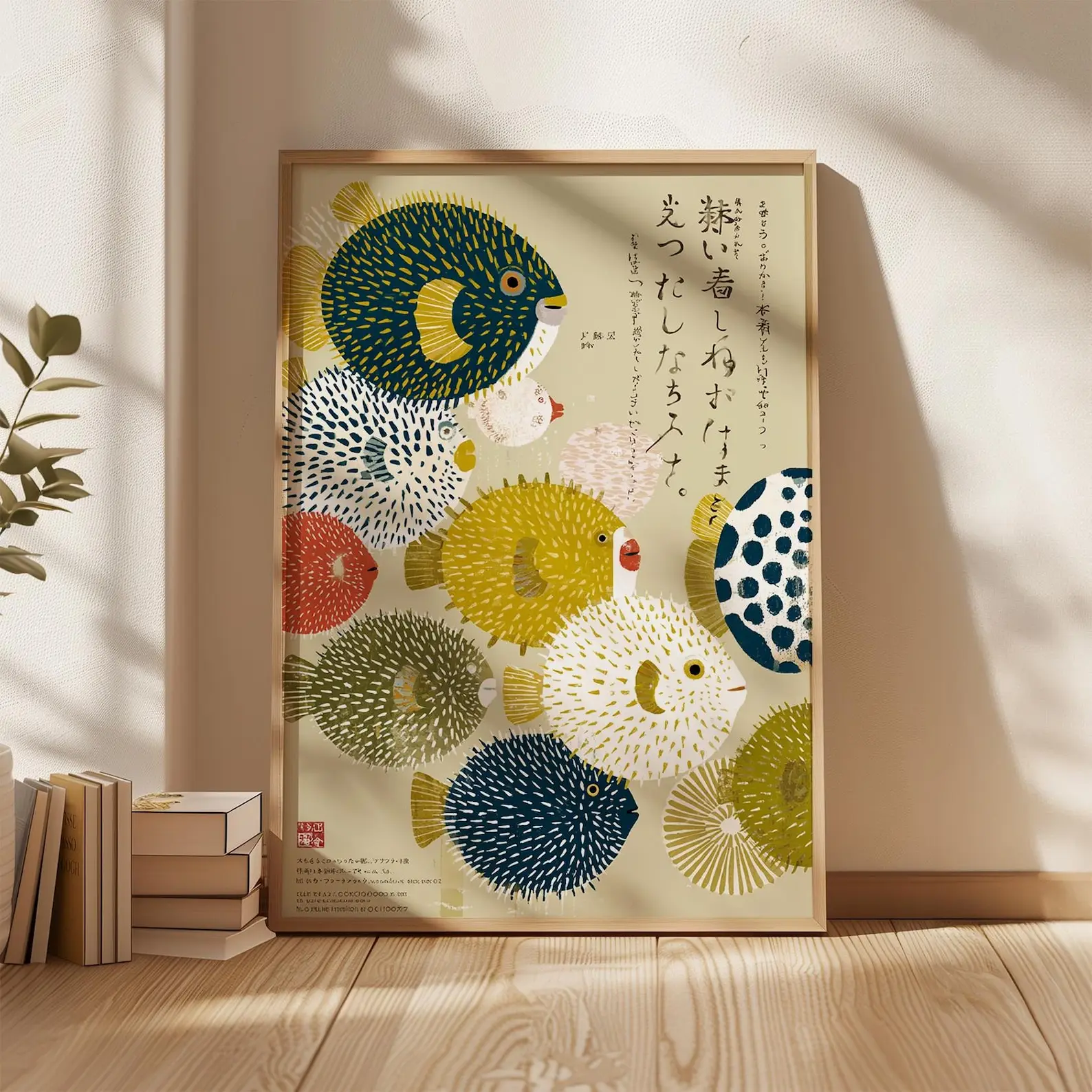 Japanese Pufferfish Canvas Art Print Abstract Mid Century Modern Wall Art Colorful Fish Poster for Minimal Coastal Home Decor