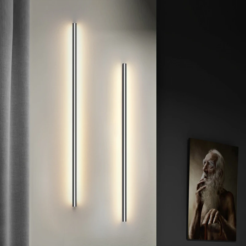 

Modern LED Long Strip Wall Lights Dimming Switch for Bedroom Bedside Sconces Black Gold White Metal Parlor Aisle Bathroom Lamp