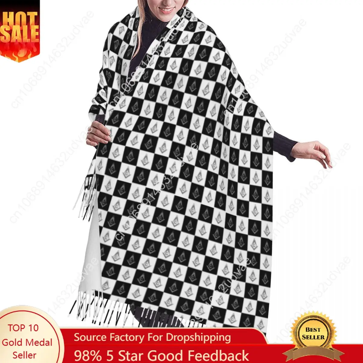 

Freemason Checkered Black And White Pattern Tassel Scarf Soft Masonic Mason Shawl Wrap Female Winter Fashion Versatile Scarves