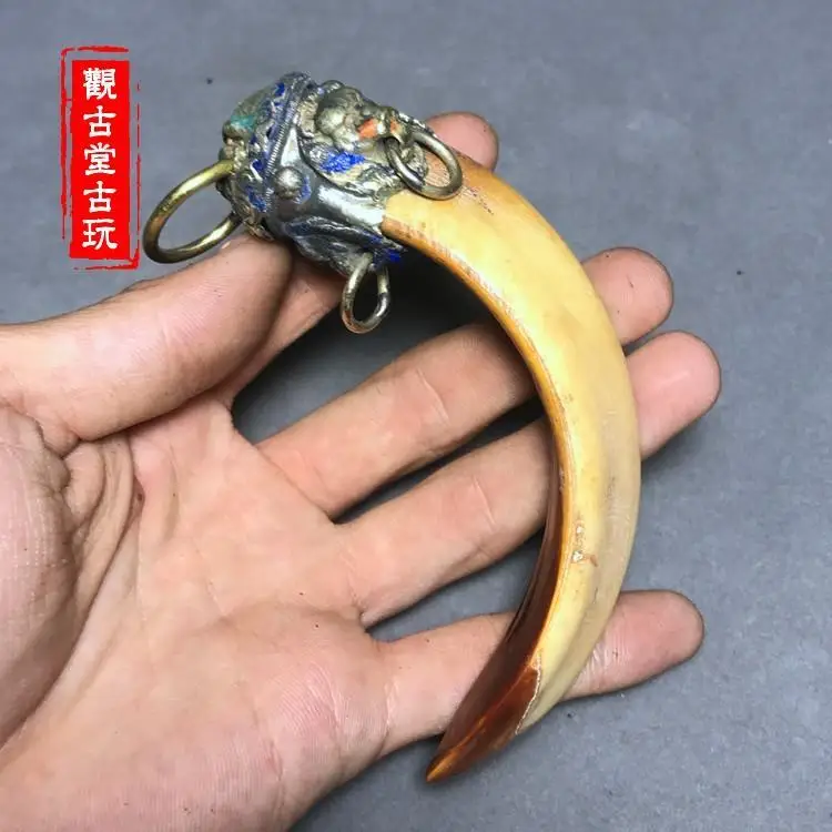 Retro wild boar tooth pendant, hidden silver plate faucet hanging to ensure safety, antiques, cultural games and miscellaneous i
