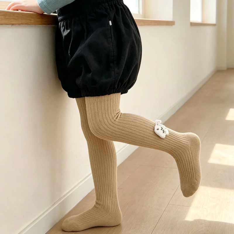 Lovely Girls Pantyhose Slim Vertical Stripe Design Cute Embroidery 3D Little Rabbit Ornament Soft Elastic Knit Princess Leggings