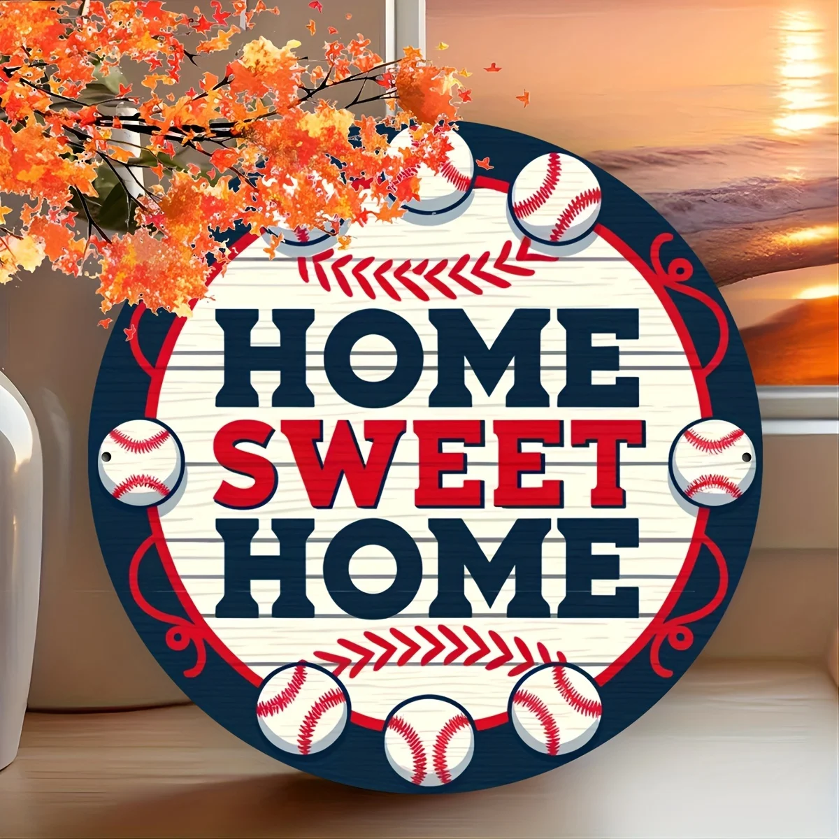 Country Style Baseball Wreath Metal Sign- 8x8inch Round Iron Wall Decor, Suitable for Home, Garden, Kitchen, Bar, Cafe, and Ga