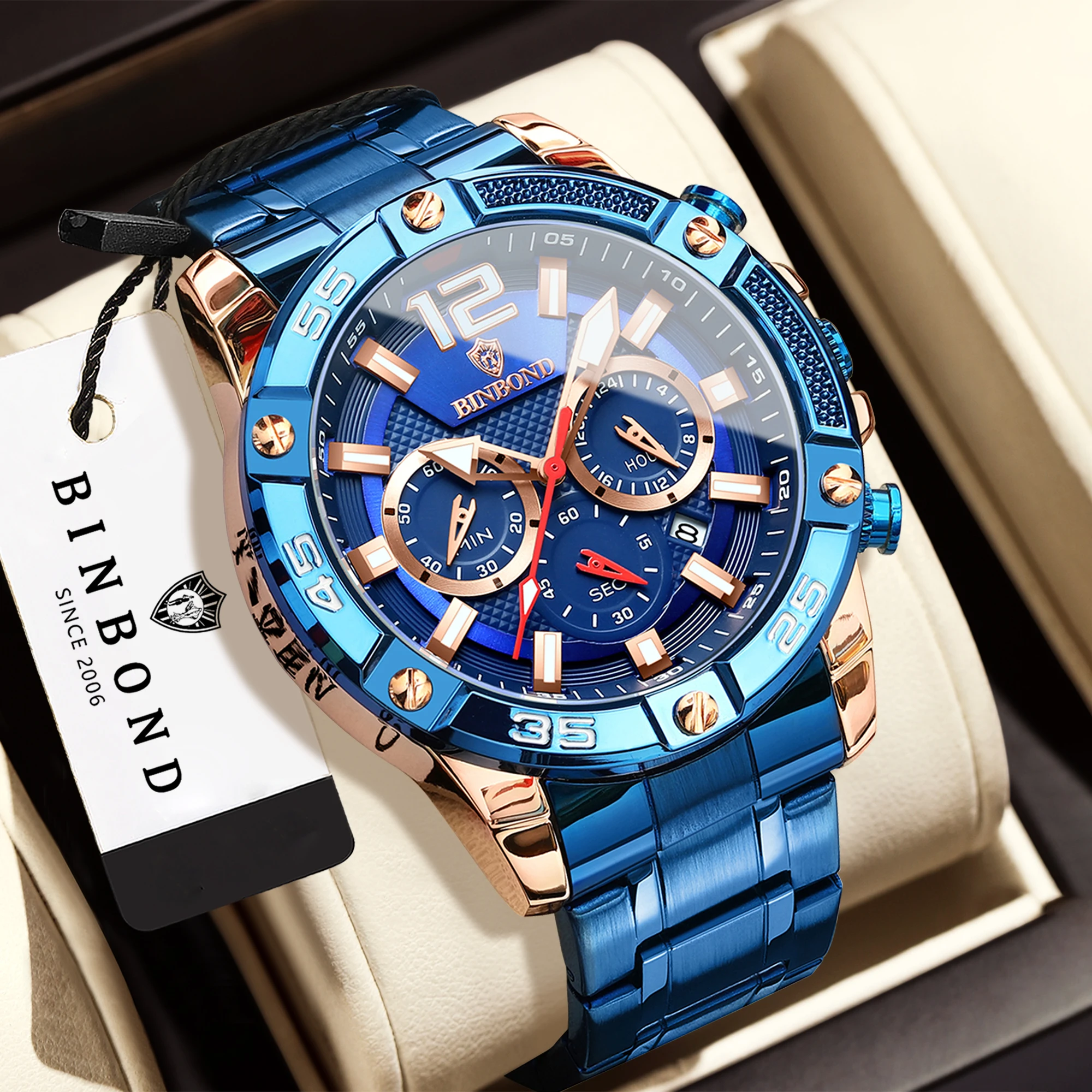 BINBOND Solid Stainless Steel Luminous Waterproof Men's Watch Quartz Watches For Men Chnorograph Reloj Luxury Original +Box