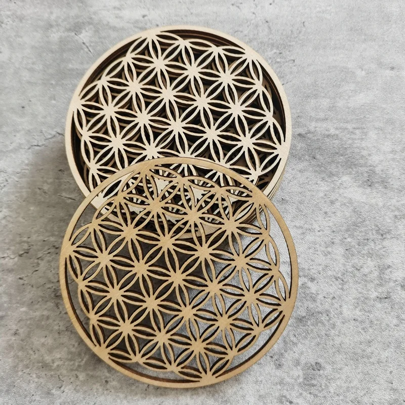 10pcs/lot Flower of Life Shape Wooden Wall Sign Laser Cu Coaster Wood Placemats Table Mat Round Cup Pad Art Home Decor