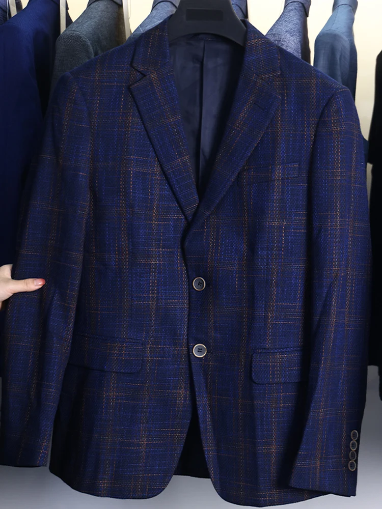 

Homesi Autumn Men's Faion Briti Sle Casual Suit Jaet Top Stand Fit Faion Urban Youth Busin Casual Plaid