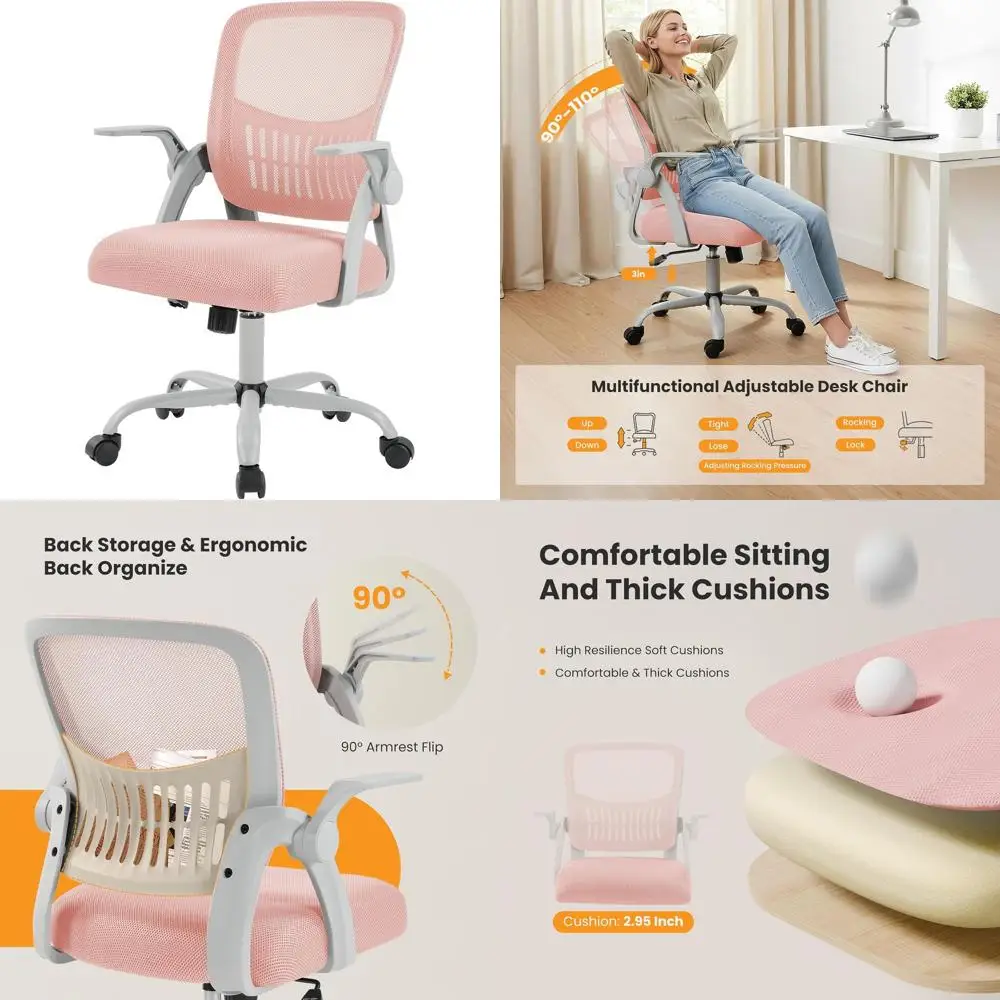 

Mid-Back Ergonomic Mesh Chair with Flip-Up Armrests, Swivel Wheels, and Lumbar Support for Home Office, Study, Bedroom - Pink