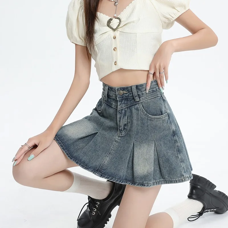 Women Skirt Denim A Line Pleated Summer Blue High Waist Short Skirt With Lining Y2K Style For Women
