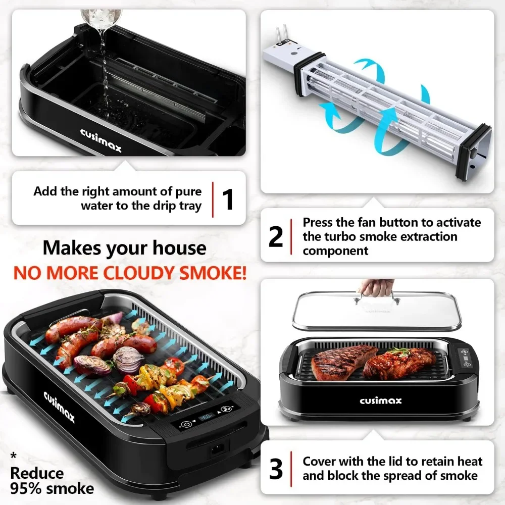 Electric Smokeless Grill, 1500W BBQ Grill, with LED Smart Display & Tempered Glass Lid, Non-stick Removable Grill Plate