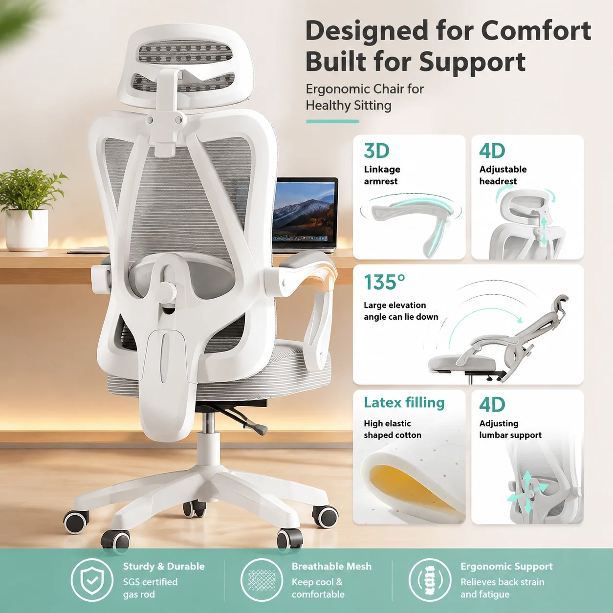 Ergonomic Office Gaming Chair with Adjustable Height, Lumbar Support, and Smooth-Rolling Casters