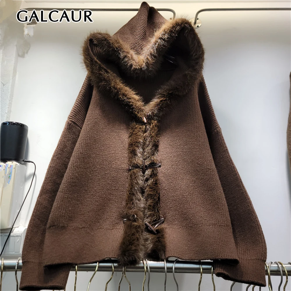 GALCAUR Fluffy Spliced Knitted Loose Jacket for Women V Collar Long Sleeve Patchwork Hooded Temperament Jackets Female Fashion