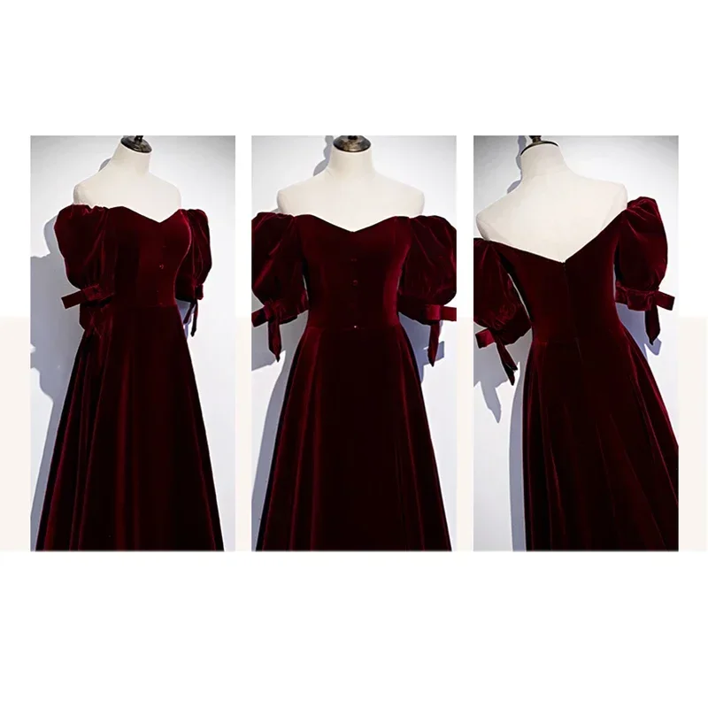 Robe de Soirée Personnalisée en Velours Rouge Vin, Grande Taille, à Manches Courtes, Fermeture Éclair, Ligne A, Longueur au Sol, Formelle