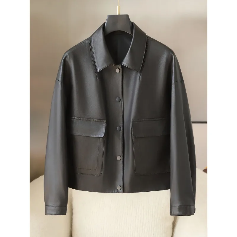 Leather leather jacket women's 2026 new spring and autumn loose black short small sheepskin jacket motorcycle jacket tide