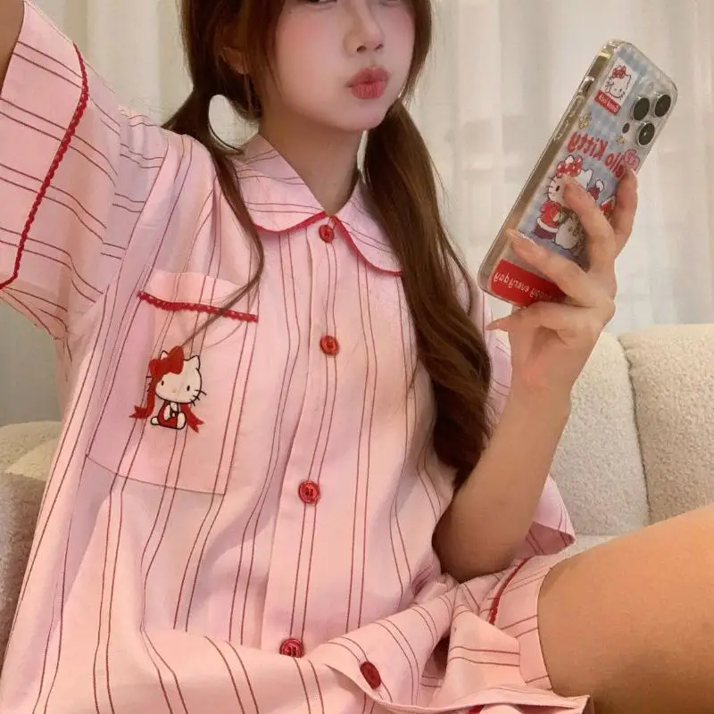 2 قطعة سانريو المرأة الحلو منامة مجموعة مرحبا كيتي منامة مجموعة Kawaii شريط منامة مجموعة الصيف قصيرة الأكمام السراويل ملابس المنزل