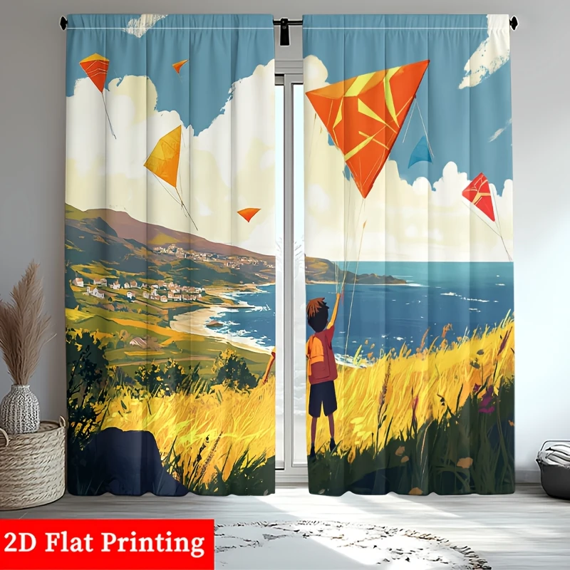 Boy Flying Kite Coastal Scenery Curtain, Summer Ocean View Drape, Colorful Landscape Home Decor for Living Room Bedroom Window