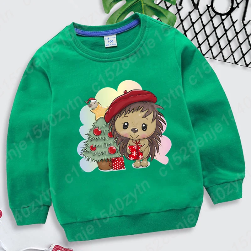 Christmas Tree Hedgehog Print Hoodless Sweatshirts Casual Children Girls Boys Sweatshirts Autumn Winter Kids Plus Size Pullovers