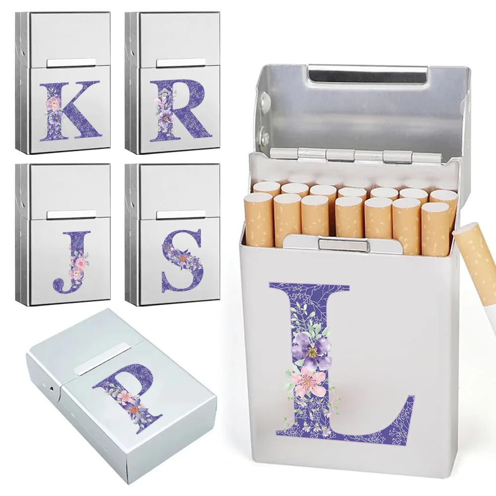 Metal Cigarette Box Cover Portable Tobacco Organizer Holder Pocket Storage Case Reusable Smoking Container Purple Flower Pattern