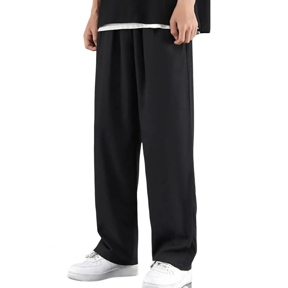 Men Wide-leg Pants Elastic Waist Trousers Japanese Style Men's Ice Silk Wide Leg Sweatpants with Side Pockets for Jogging