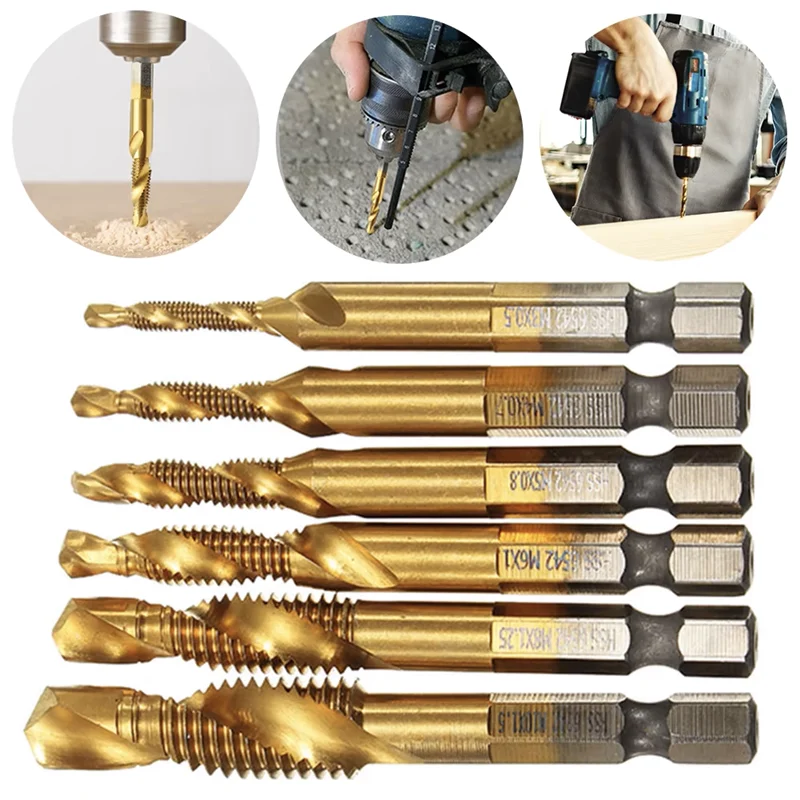 6 Buah Set Mata Bor Keran Sekrup Komposit Berlapis Titanium untuk Penyadapan Sekrup, Lubang Pengeboran Countersink HSS 4341 M3 M4 M5 M6 M8 M10