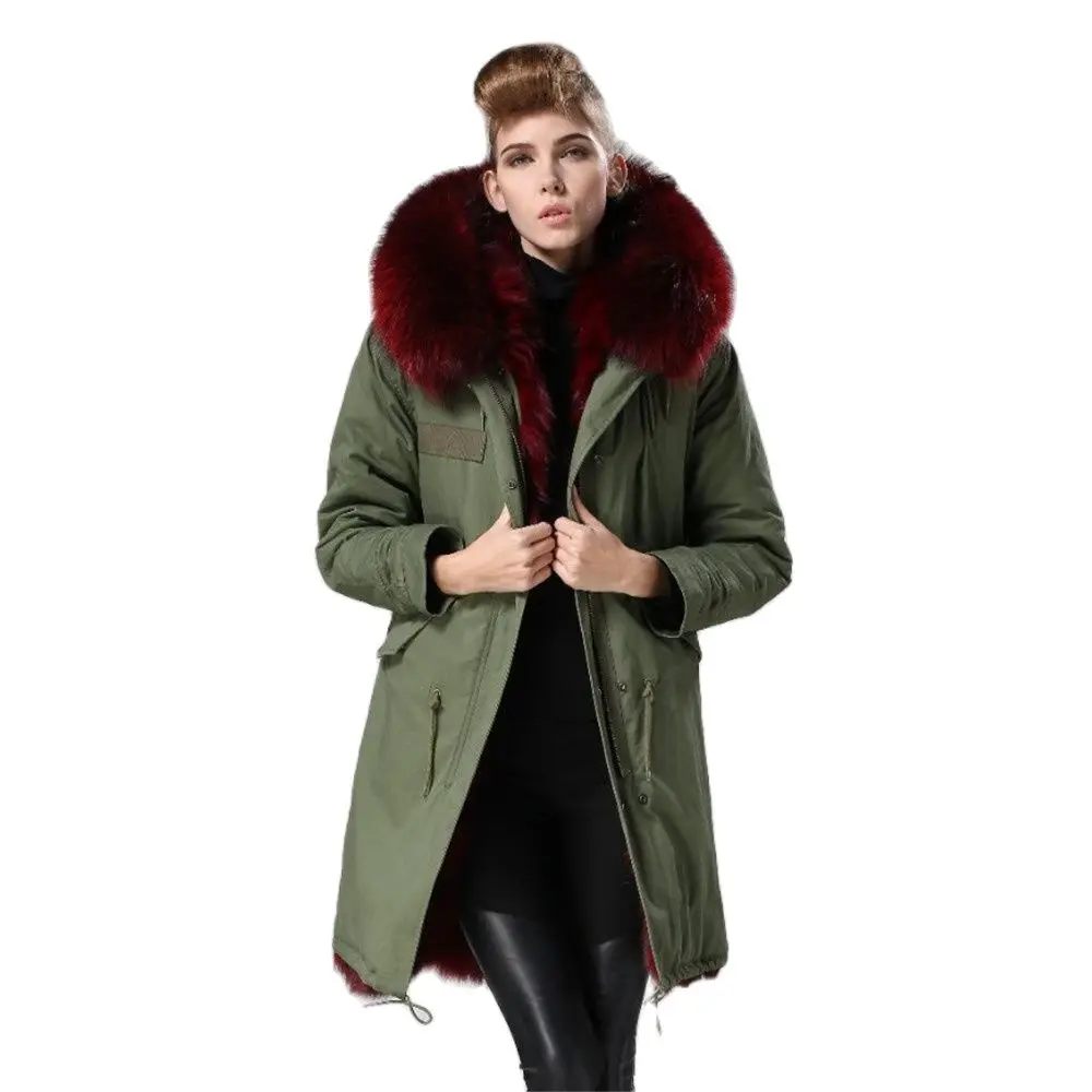 

Newest Burgundy Fashion Long Real Fox Linner Winter Coat Women Reversible Wear Fully Raccoon Fur Collar