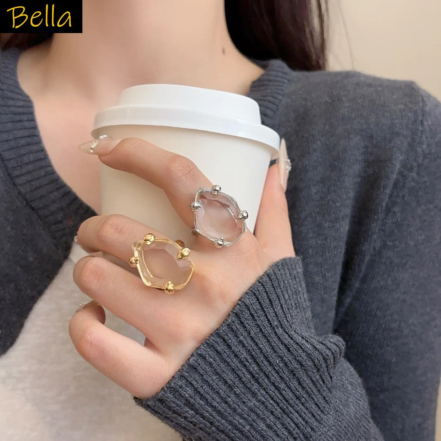 

unique ring transparent crystal irregular shape opening ring