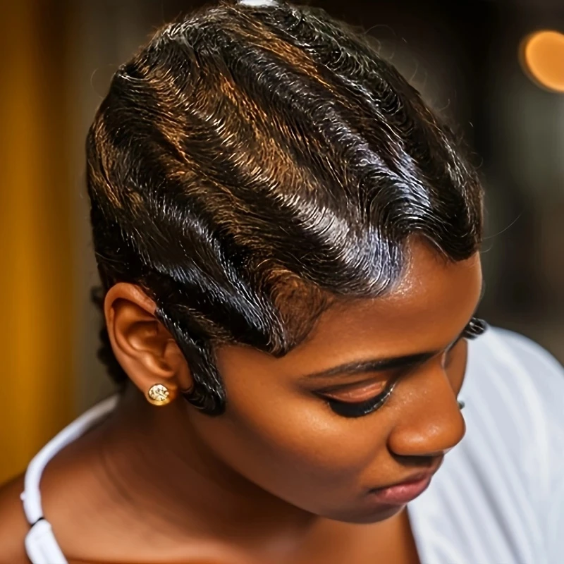 

Pixie Cut Human Hair Wig Finger Waves Premium Full Machine Made 150% Density