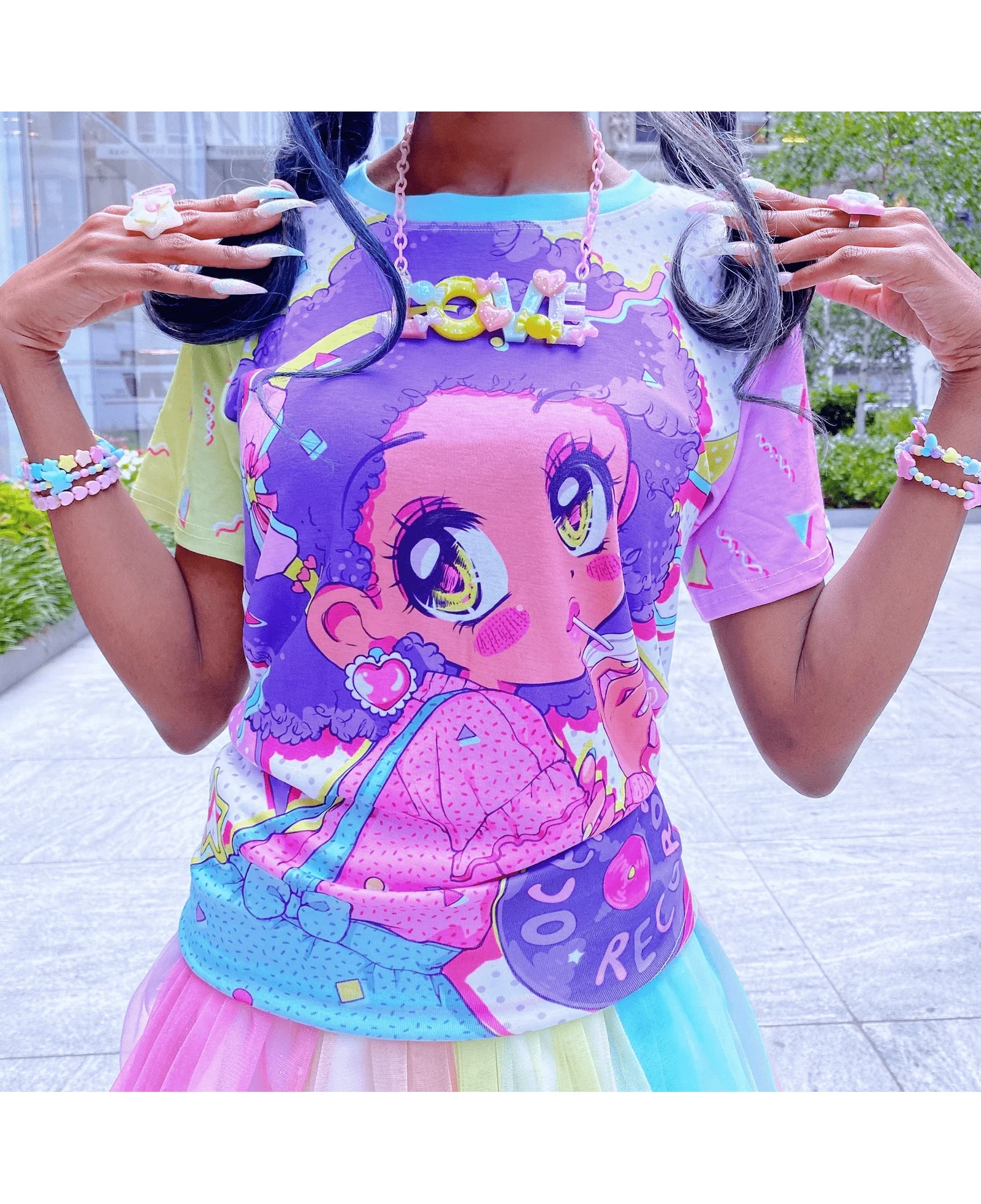 Harajuku Y2K Anime Girl T-shirt Printed with Pollen Purple Blue Vinyl Record Heart Shaped Sleeve for Adults and Children
