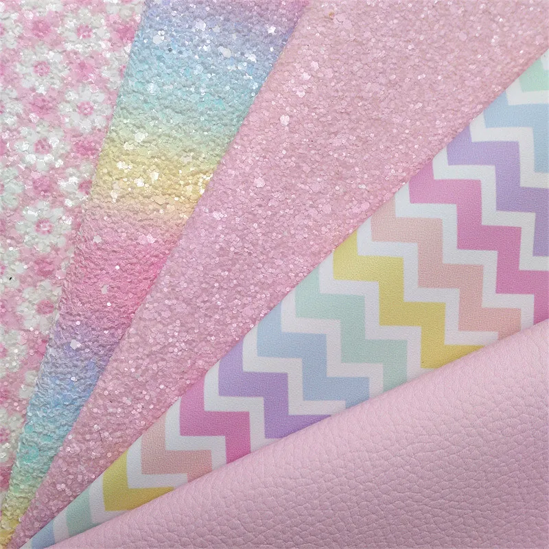 Pastel Rainbow Glitter Leather Sheets Daisy Flowers Printed Glitter Fabric Felt Backing Faux Leather For Bows DIY 21X29CM W541