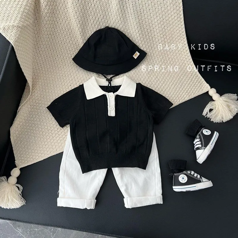 Frühling Sommer Neues Kinderset für Jungen, gestricktes Kurzarm-T-Shirt mit Kragen und Freizeithose, 2-teiliges Set