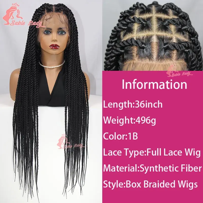 Perruque Full Lace Twist Tressée pour Femme Noire, Tresses Synthétiques, Boîte, Déesse Sans Nministériels d