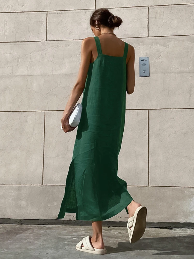 2023 Summer Autumn Women Casual Solid Green Side Slit Spaghetti A-line Midi Dress For Women