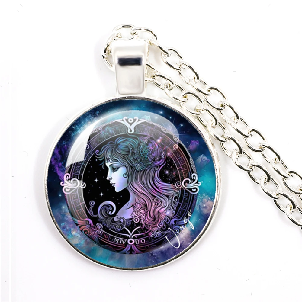 12 Constellations Necklace Cancer Leo Virgo Libra Zodiac Sign Glass Cabochon Pendant Long Necklace BoyGirl Birthday Jewelry Gift