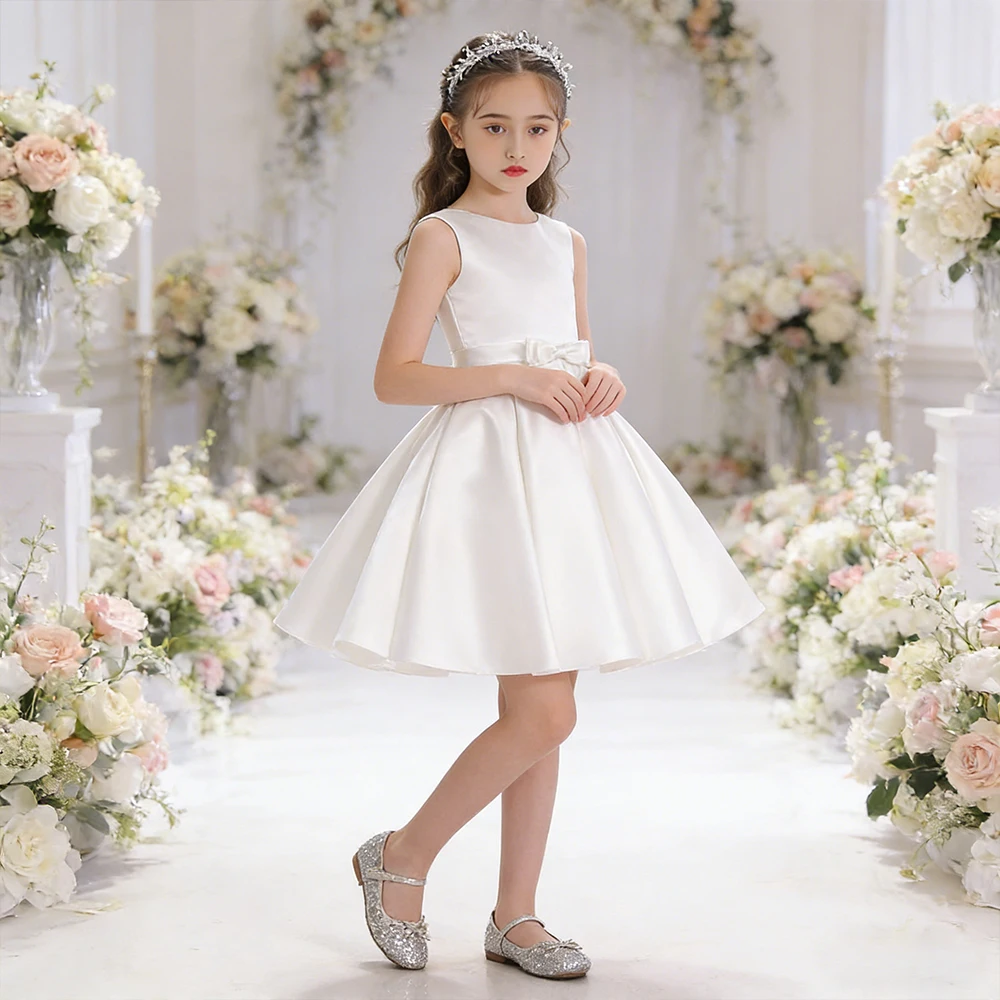 Satin White Baptismal Costume Flower Child Wedding Dress Elegant Girls Evening Dress Kids Girl Princess Birthday Dress 4-12Y