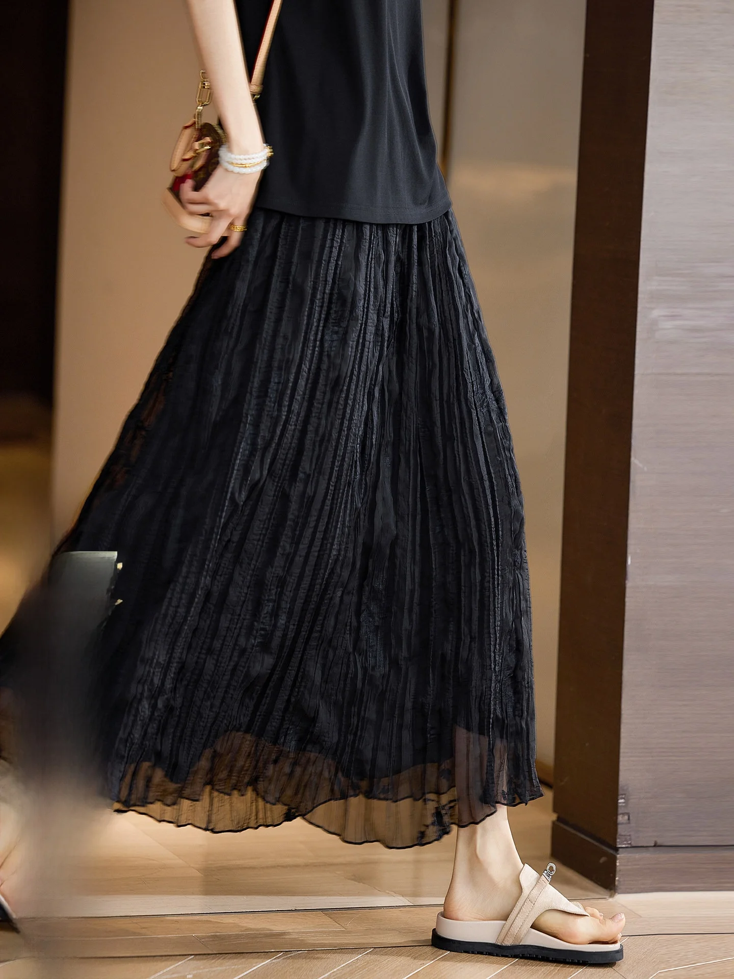 

Elegant Embroidered Pleated Chiffon Half Skirt Women's plus Size Spring New Long Skirt Street Style Loose Fit Straight Cut