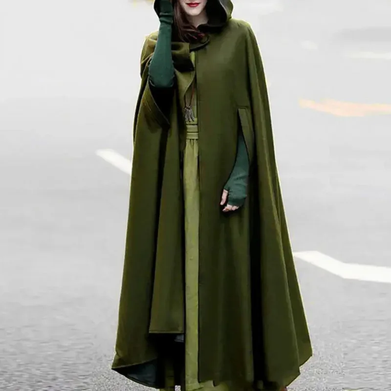 

Vintage Medieval Autumn Winter Large Size Women Clothing Coats Loose Hooded Button Woollen Cape Top Ladies Multicolor Coat Cloak