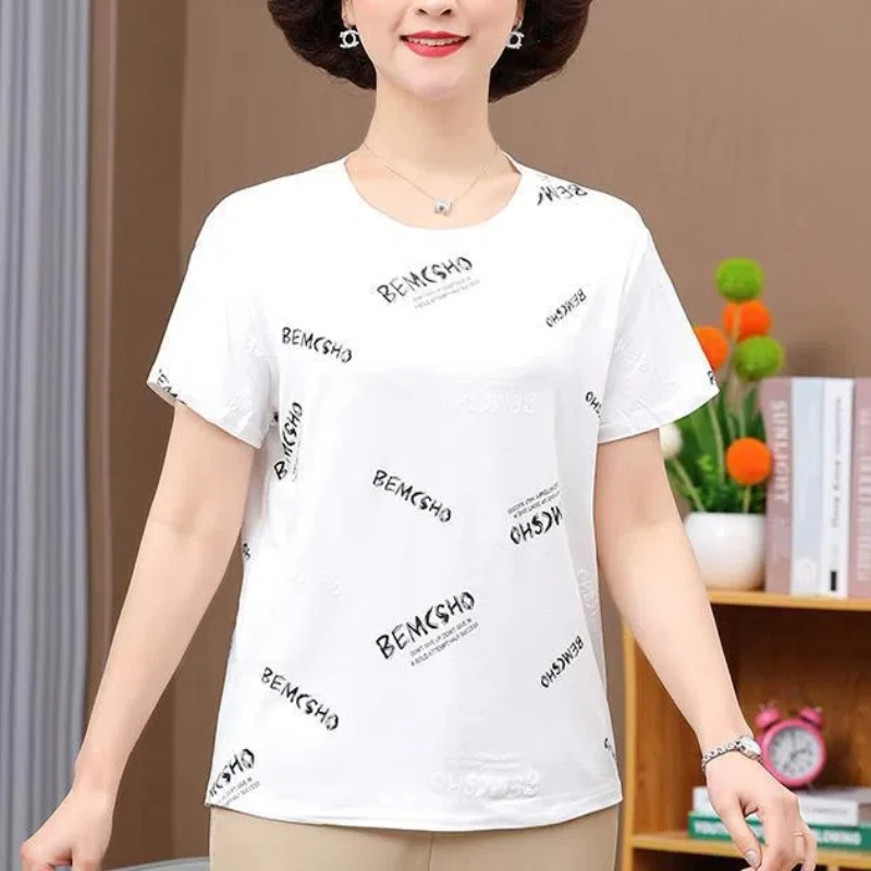 

New Summer Women's Solid Colors O-Neck Short Sleeve Loose Classic Pullovers Printed Fashion Casual Commute All-match Tops