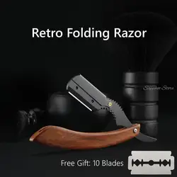 High-end Manual Folding Beard Shaving Care Razor With Wooden Handle Barber Razor Men'S Replaceable Blade Razor 10pcs Blades