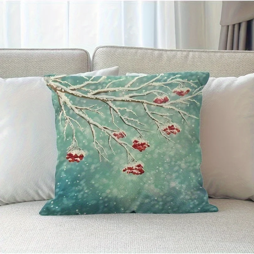 Contemporary Linen Throw Pillow Cover with Zipper Closure - Winter Twig Design, Snowfall, Christmas Decor,Machine Washable,Woven