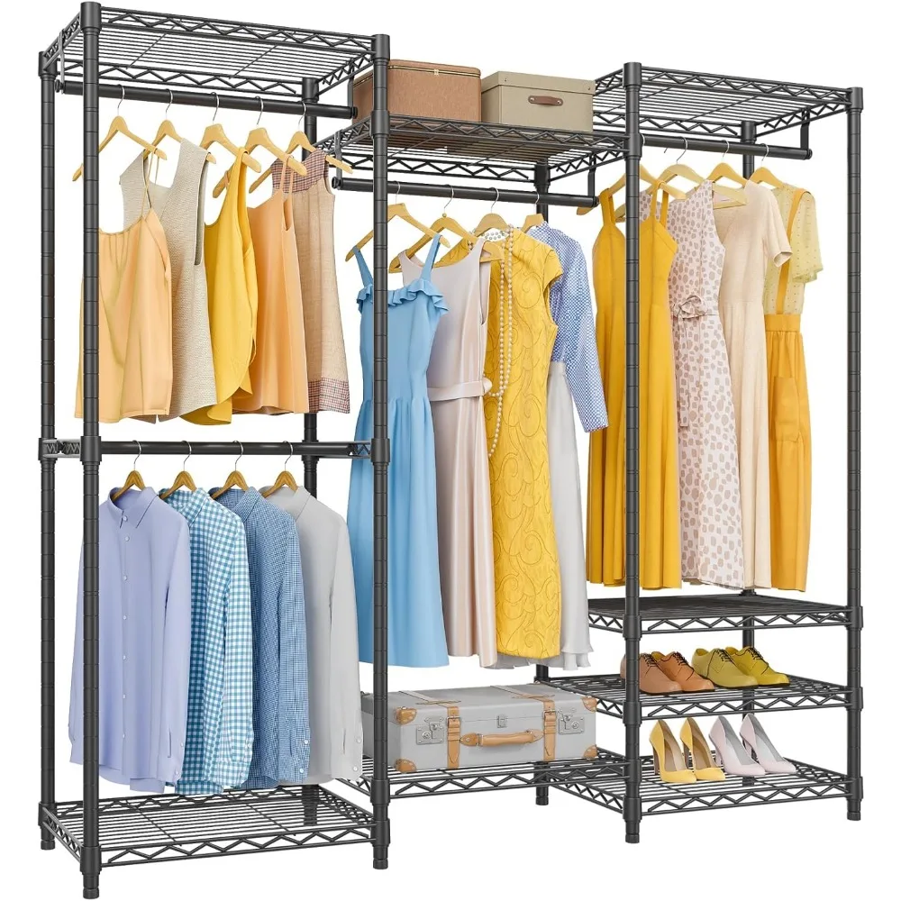 

V5 Portable Closet Wardrobe Heavy Duty Clothes Rack, Freestanding Closet Metal Clothing Rack with 4 Hang Rods & 8 Shelves