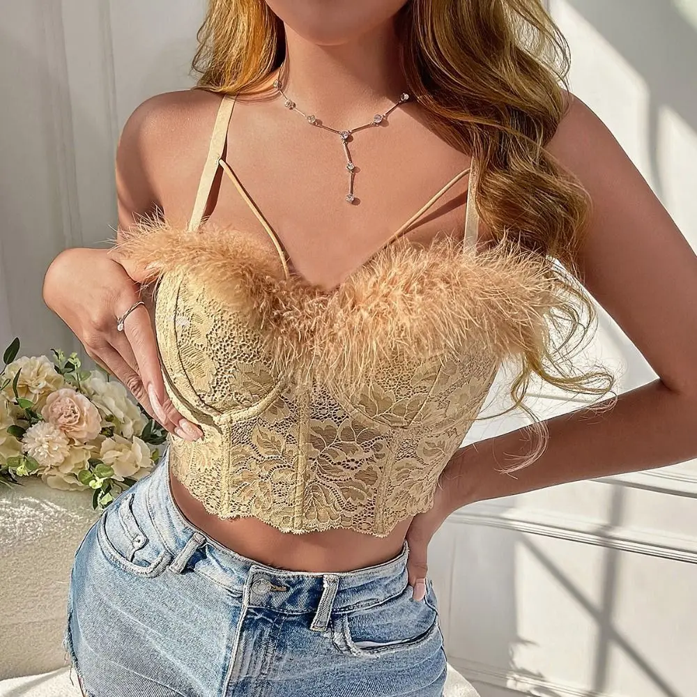 Canotta in pizzo elastico con nappe in peluche, top corto trasparente in rete, gilet con bretelle senza maniche slim fit da donna