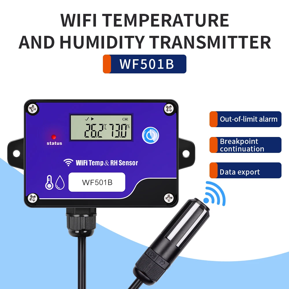 WF501B Trasmettitore di temperatura WiFi Trasmettitore digitale di temperatura e umidità Sensore TEMP e RH Monitor Registratore dati per l'archiviazione