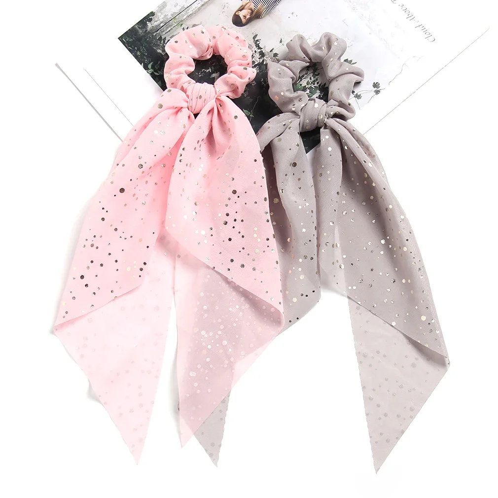 Pferdeschwanz-Haarschal, Haargummis, Haar-Accessoires, einfache Haargummis mit langem Band, Chiffon-Blumendruck, süße elastische Haarbänder – Detail 5