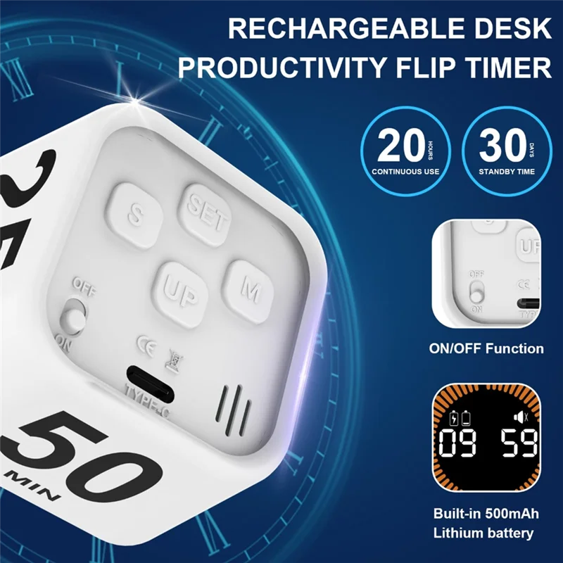 A04G-Rotating Cube Visual Timer 5, 25, 10, 50 Min Silent Mode Ideal For ADHD Tool Study Work School (White)
