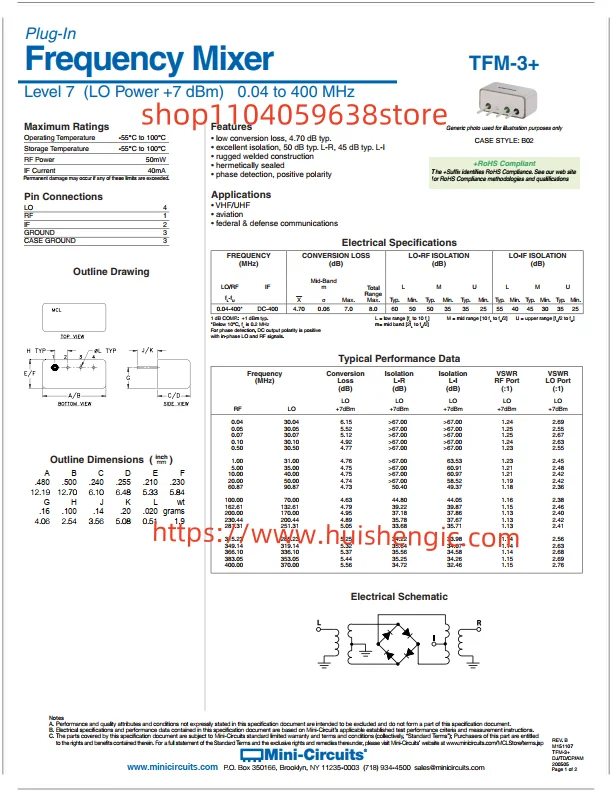 TFM-3+     RF mixer IC UHF, VHF 40kHz ~ 400MHz