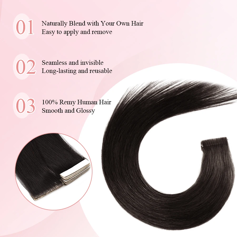 K.S الباروكات الشريط في شعر مستعار بشري سلس بو الجلد لحمة عذراء حقيقية غير مرئية الشعر مزدوجة الجانب 16 "40 جرام 20 قطعة ( # 1ب)