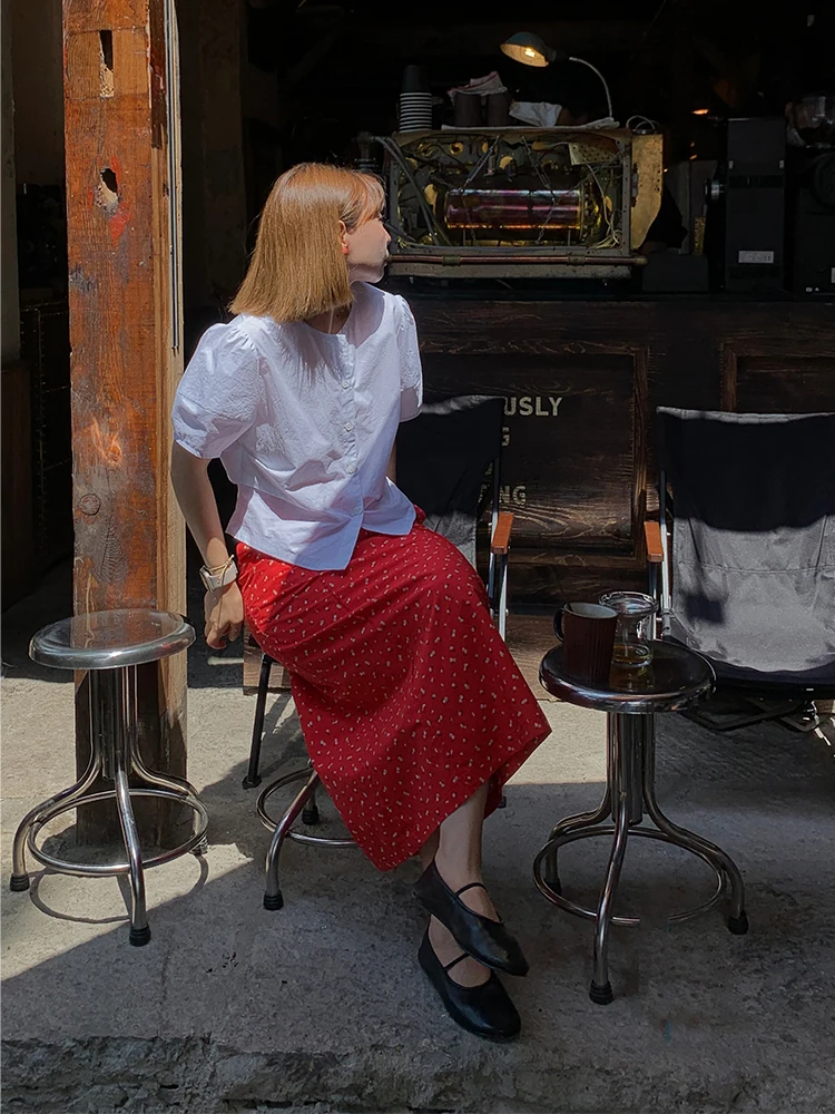 

Red Floral Print f-length Straight-cut Bodycon Skirt Women's Summer Faion Retro Sle Mid-waist Cotton Straight Tube Skirt