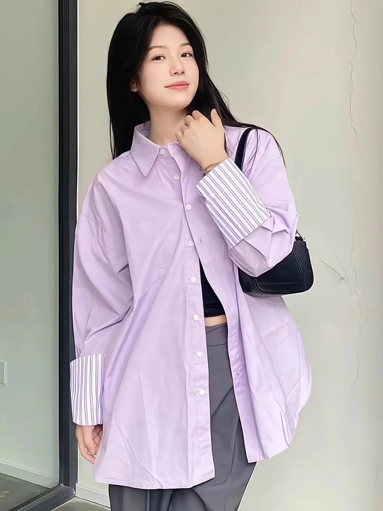 Elegante camisa roxa feminina manga longa vintage doce blusa coreano casual listrado retalhos feminino todos os jogos primavera outono topos