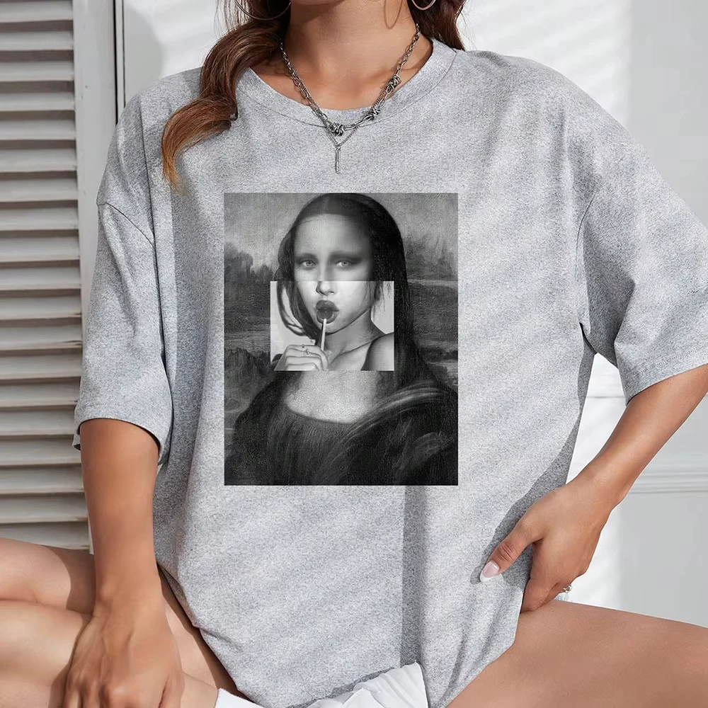 المرأة القطن تي شيرت مضحك الموناليزا مطبوعة قصيرة الأكمام المحملة شخصية مريحة فضفاضة قمم الصيف أزياء سيدة الملابس #6