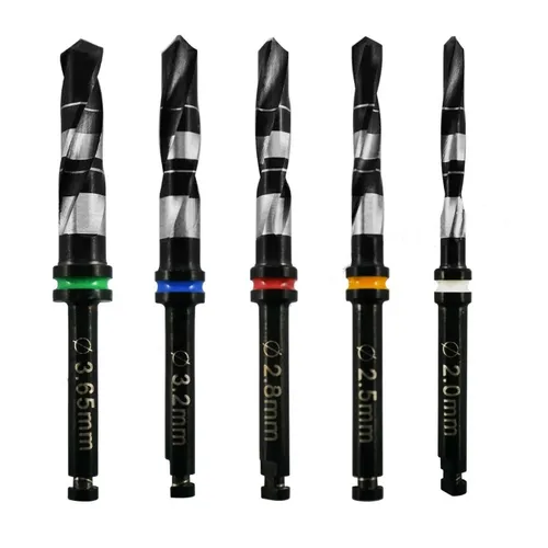 Imagen 2 del producto Taladros de implante Dental de 5 piezas, riego externo, negro, inoxidable, con soporte para fresa