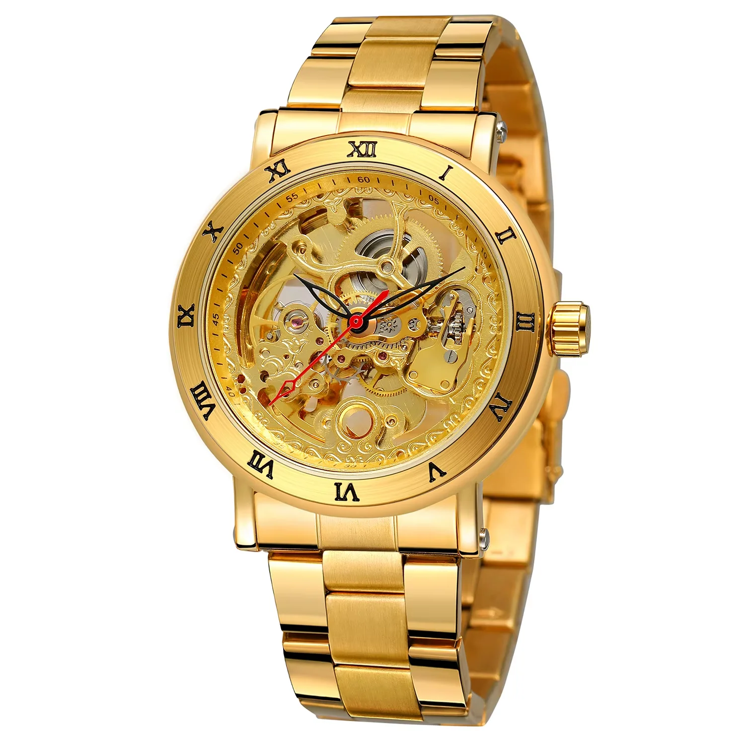 

FORSINING men and women mechanical watch leisure style hollow Roman scale red hand mechanical watch steel strap wrist watch